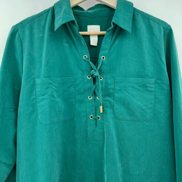 Chico's MEDIUM Green Brushed Matte lace Up Long Sleeve Blouse Top Shirt - Picture 3 of 7